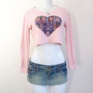 y2k bratz heart graphic pink cable knit cropped sweater